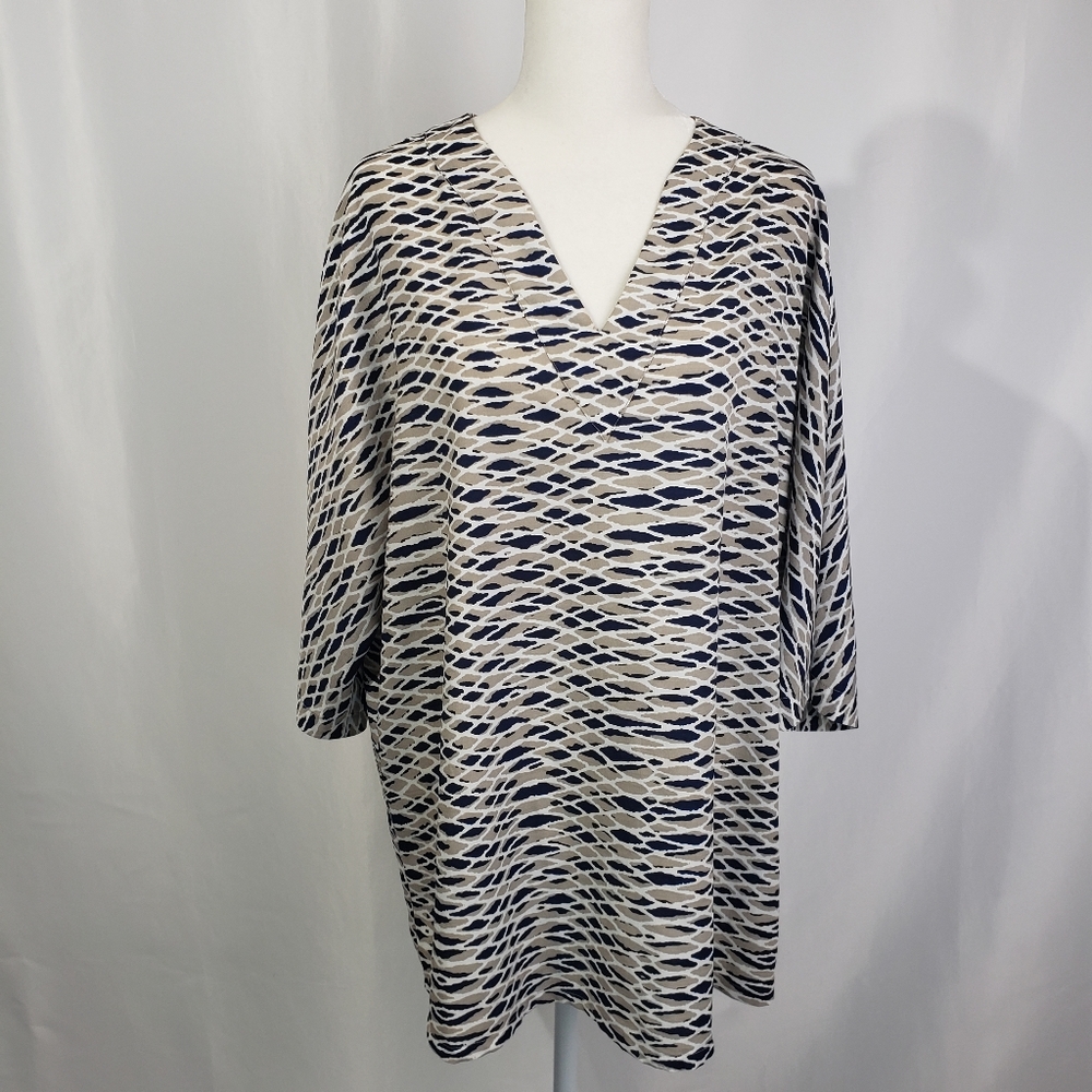 ZOA v-neck tunic blouse, navy blue and beige, size Large
